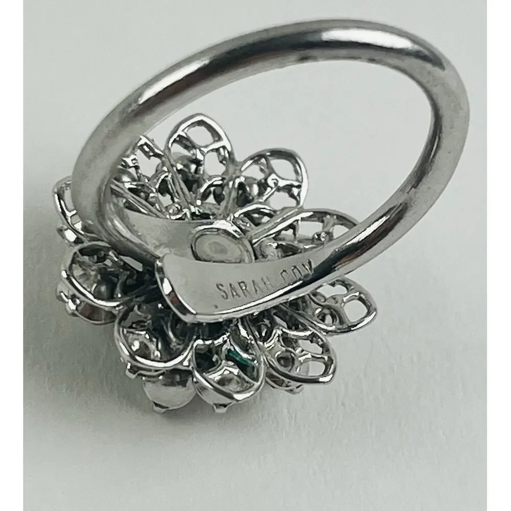 SARAH COVENTRY Rhinestone Flower Ring Silver Tone Vintage Signed Tiered Layered